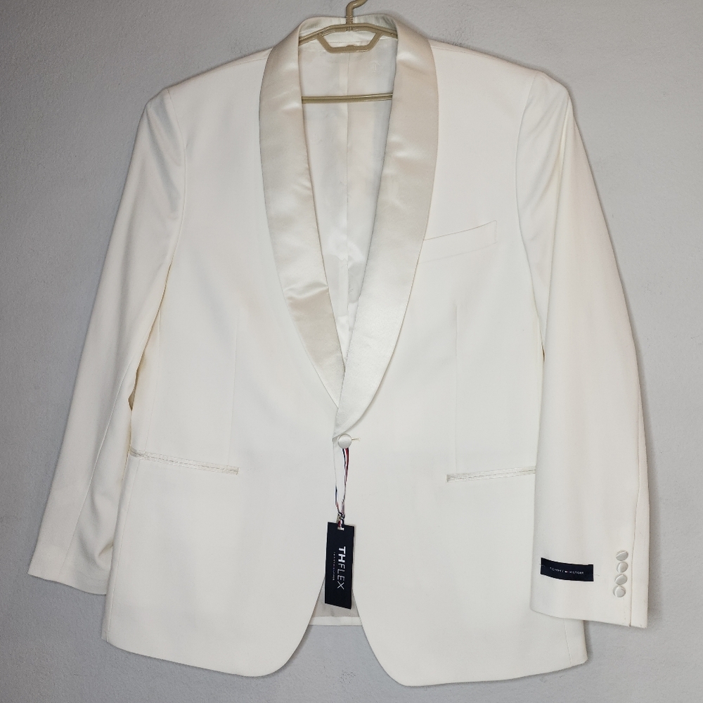48 Long NWT Tommy Hilfiger Satin Shawl Collar Wool Blend Ivory Cream Blazer 48L